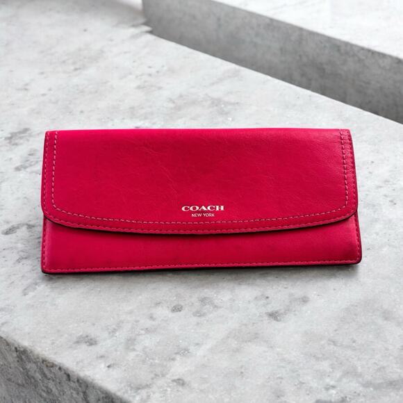 Coach Slim Envelope Wallet Cross Grain Leather Pink Watermelon Continental Thin - Picture 1 of 6